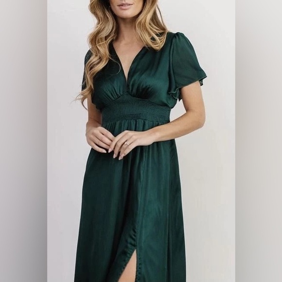 Baltic Born New Size L Prague Satin Smocked Empire Waist Maxi Dress Dark Green - Picture 2 of 15